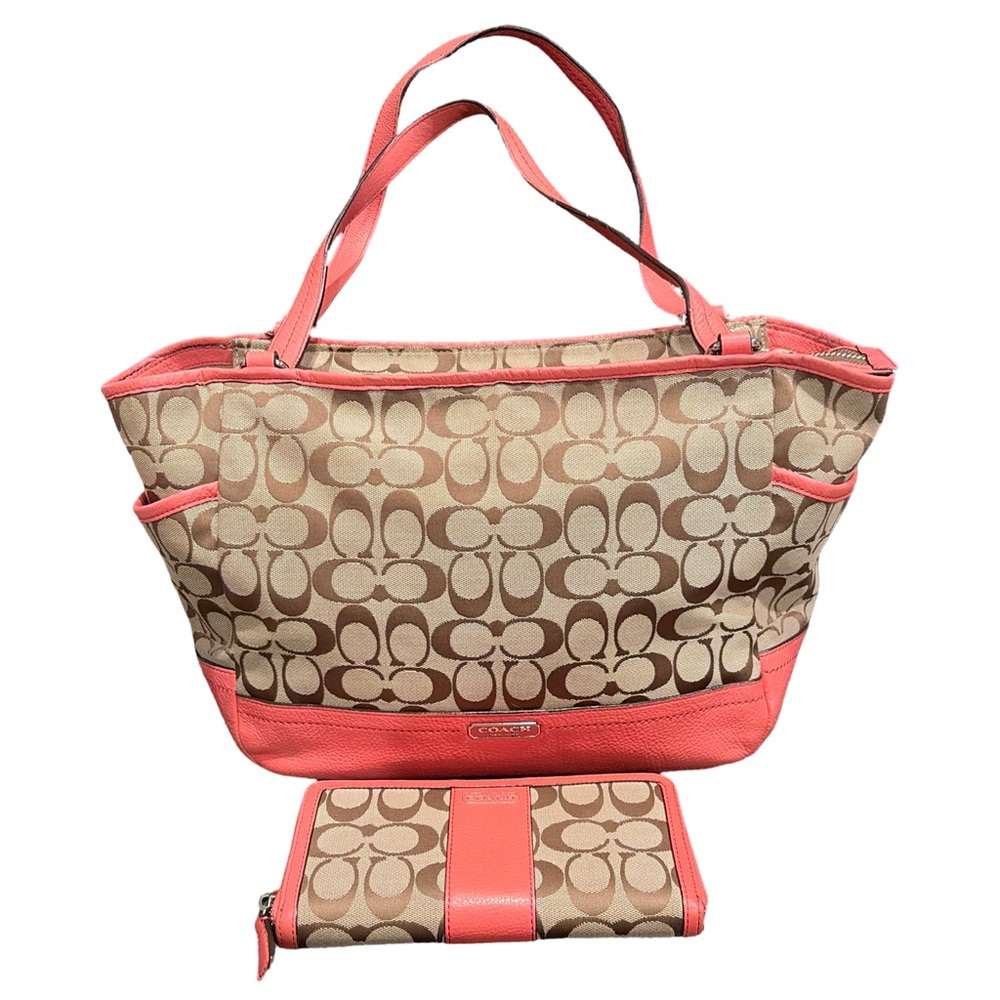 Coach Signature Carrie Tote with Coral Trim and Matching Wallet